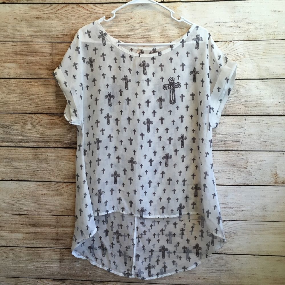 ‎CARRIE ALLEN SHEER TOP IN CROSS PRINT